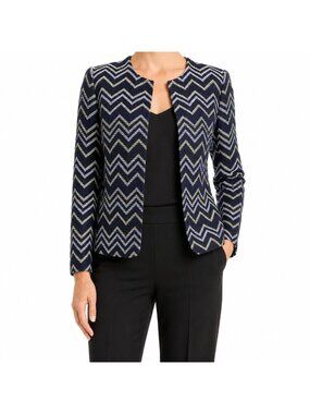 Tahari ASL Blue Black Zigzag Tweed Blazer Jacket - Size 4